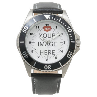 NEW! Men's Stainless Steel Black Leather Watch