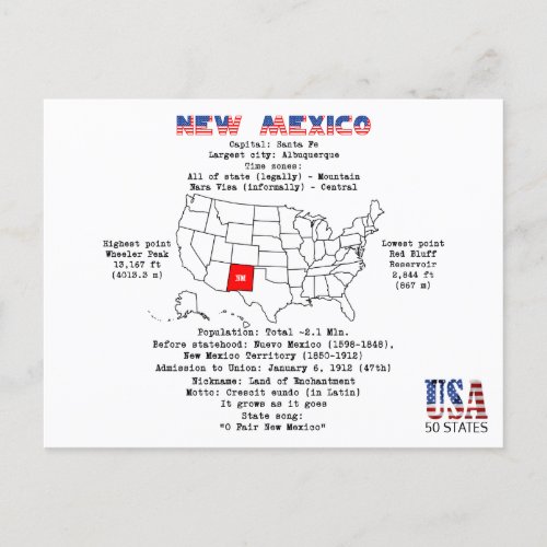 New Mexico American state on a map and useful info Holiday Postcard