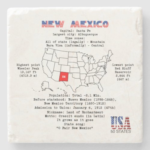 New Mexico American state on a map and useful info Stone Coaster