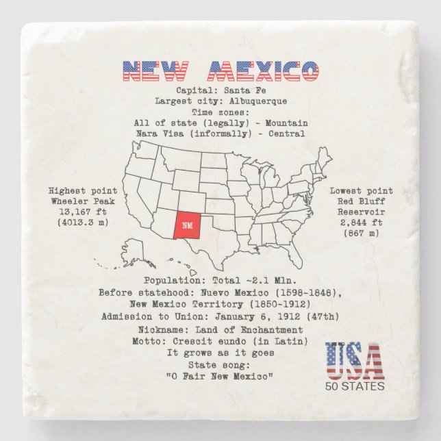 New Mexico American state on a map and useful info Stone Coaster (Front)