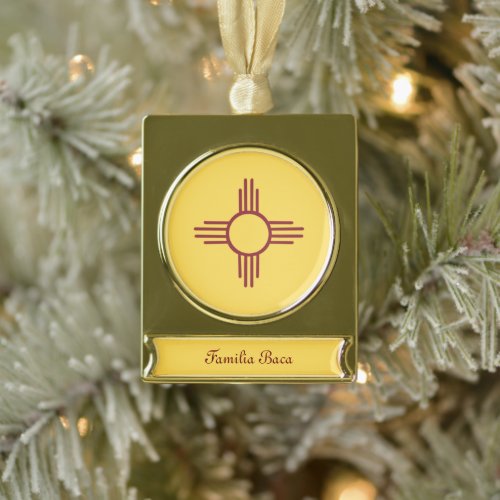 New Mexico flag with Zia symbol Gold Plated Banner Ornament