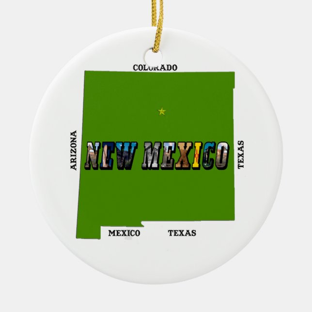 New Mexico Map Outline Photo Text Ceramic Ornament (Front)