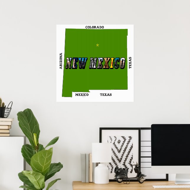 New Mexico Map Outline Photo Text Poster (Home Office)