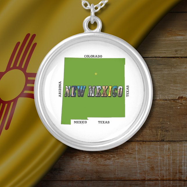 New Mexico Map Outline Photo Text Silver Plated Necklace (New Mexico Map Outline Photo Text Round Silver Plated Necklace)