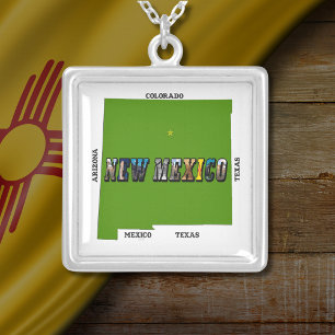 New Mexico Map Outline Photo Text Silver Plated Necklace