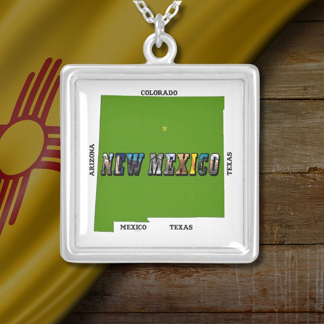 New Mexico Map Outline Photo Text Silver Plated Necklace (New Mexico Map Outline Photo Text Square Silver Plated Necklace)