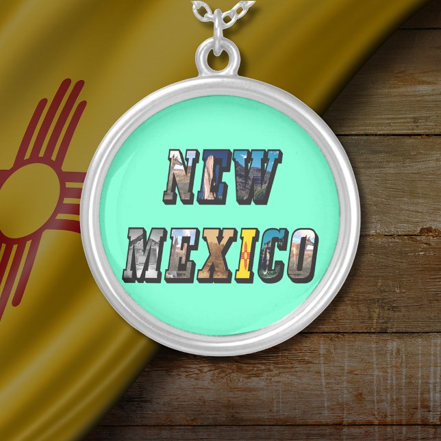 New Mexico Picture Text Silver Plated Necklace (New Mexico Picture Text Round Silver Plated Necklace)