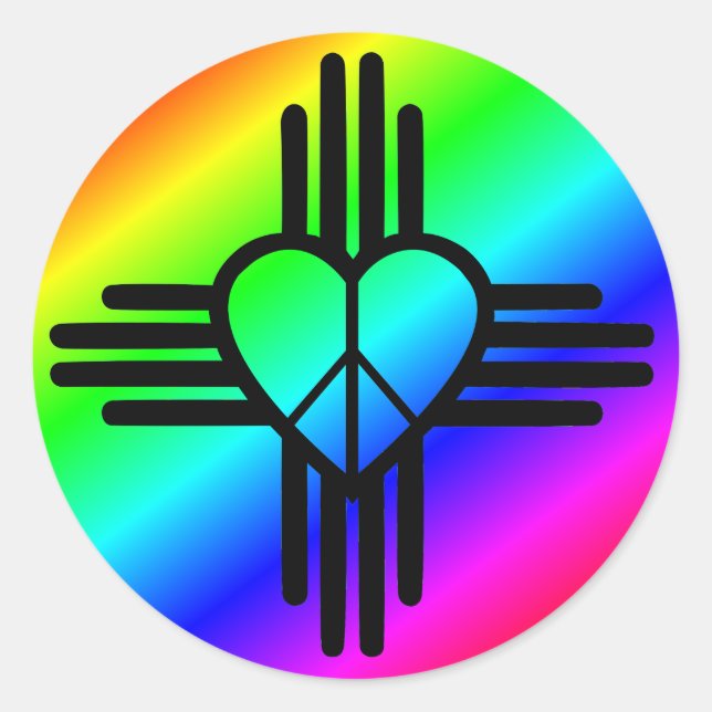 New Mexico Rainbow Zia with peace heart Classic Round Sticker (Front)