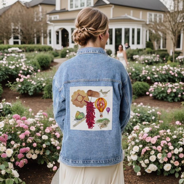New Mexico Red Chile Pinõn Zia Hot Air Balloon  Denim Jacket (Wedding Back)