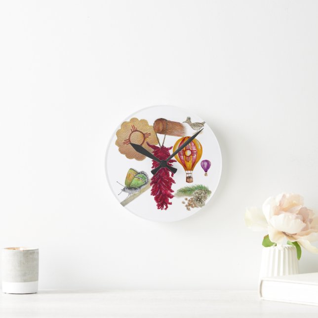 New Mexico Red Chile Pinõn Zia Hot Air Balloon  Round Clock (Home)