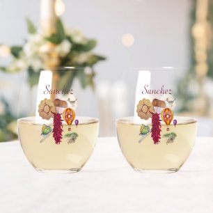 New Mexico Red Chile Pinõn Zia Hot Air Balloon Stemless Wine Glass