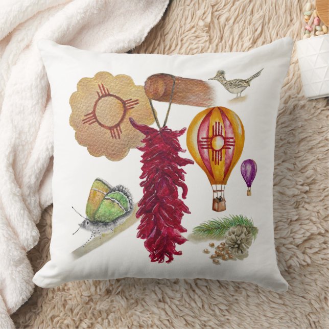 New Mexico Red Chile Pinõn Zia Hot Air Balloon  Throw Pillow (Blanket)