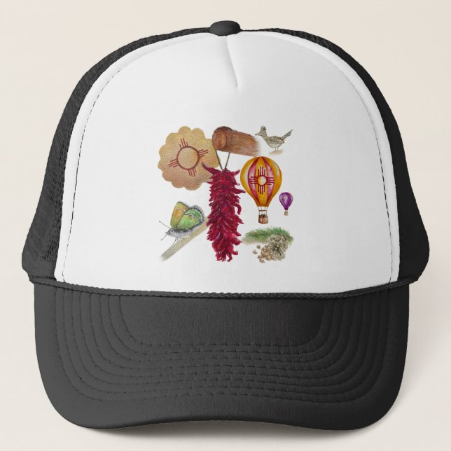 New Mexico Red Chile Pinõn Zia Hot Air Balloon  Trucker Hat (Front)