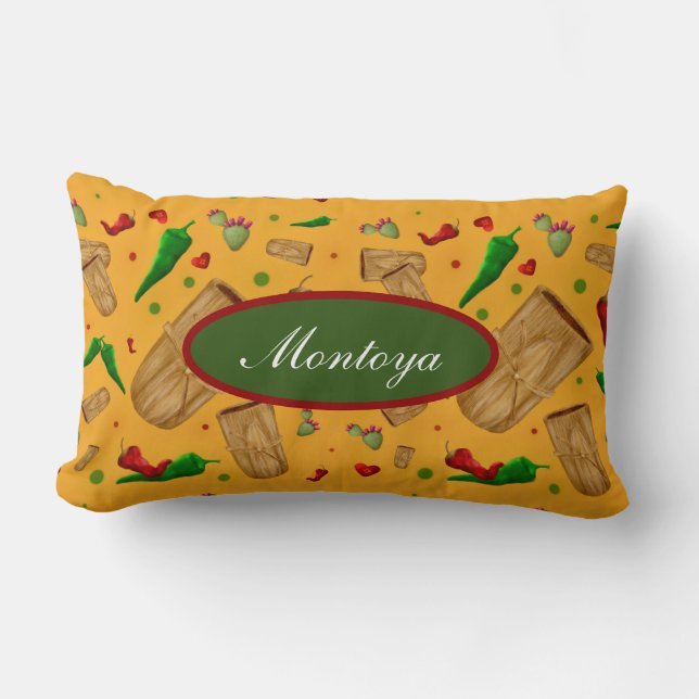 New Mexico Red & Green chile Tamales Zia Nopales Lumbar Pillow (Front)