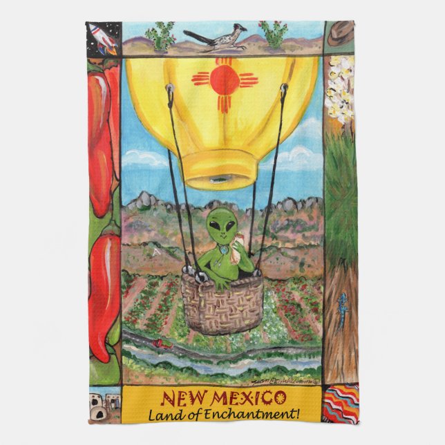 New Mexico Roswell Alien Funny Hot Air Balloon Zia Kitchen Towel (Vertical)