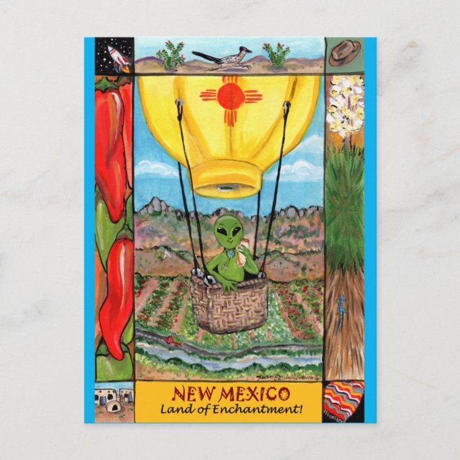 New Mexico Roswell Alien Funny Hot Air Balloon Zia Postcard (Front)
