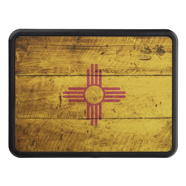 New Mexico State Flag on Old Wood Grain Hitch Cover (Front)