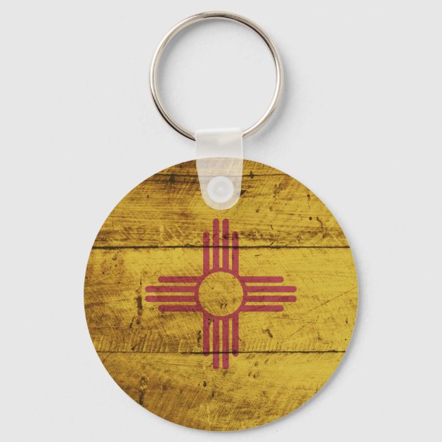 New Mexico State Flag on Old Wood Grain Keychain (Front)