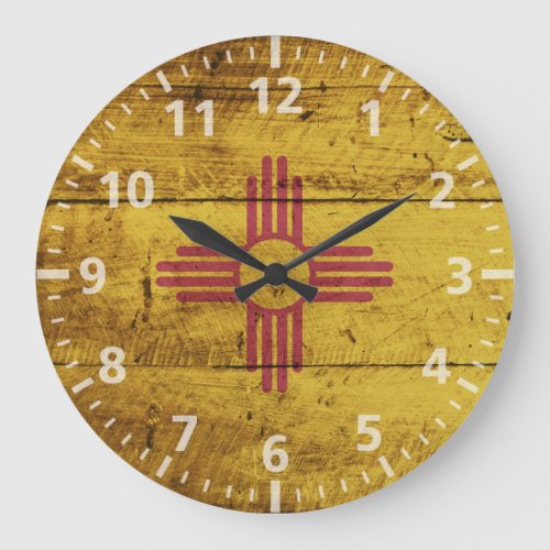 New Mexico State Flag on Old Wood Grain Large Clock