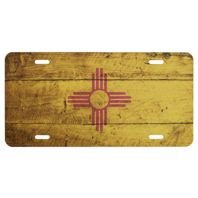 New Mexico State Flag on Old Wood Grain License Plate (Front)