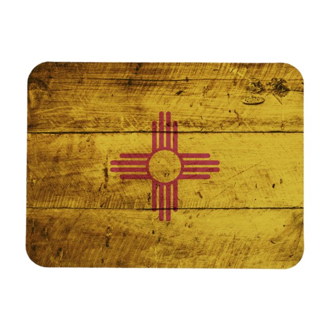 New Mexico State Flag on Old Wood Grain Magnet (Horizontal)