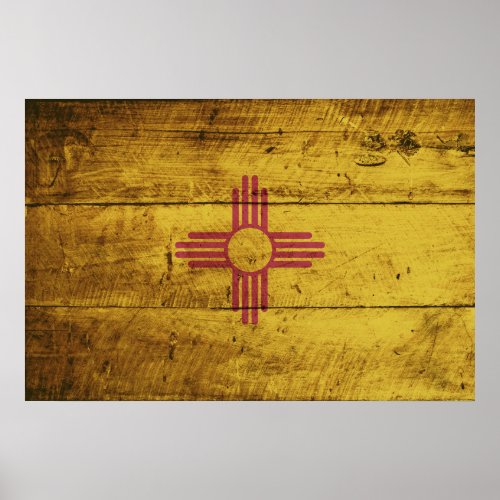 New Mexico State Flag on Old Wood Grain Poster