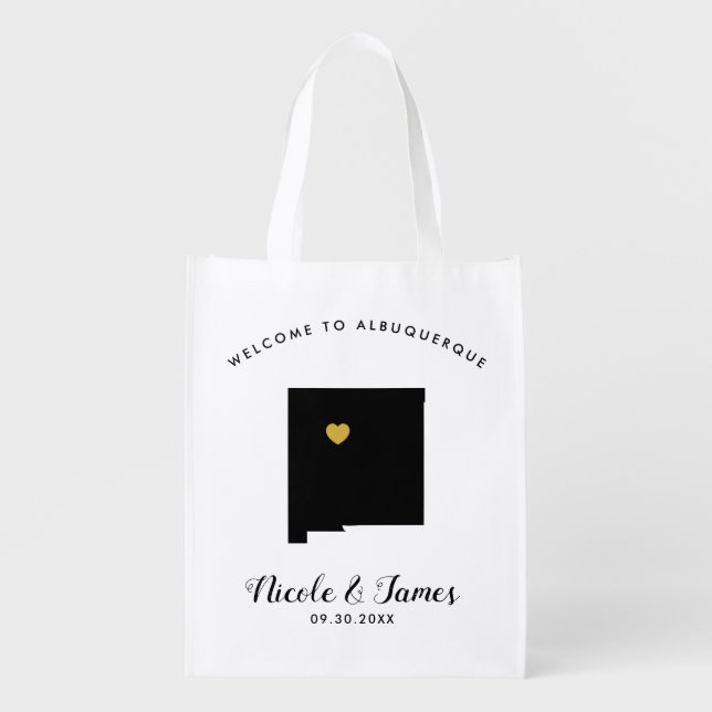 New Mexico Wedding Welcome Bag, Gold Heart Grocery Bag (Front)