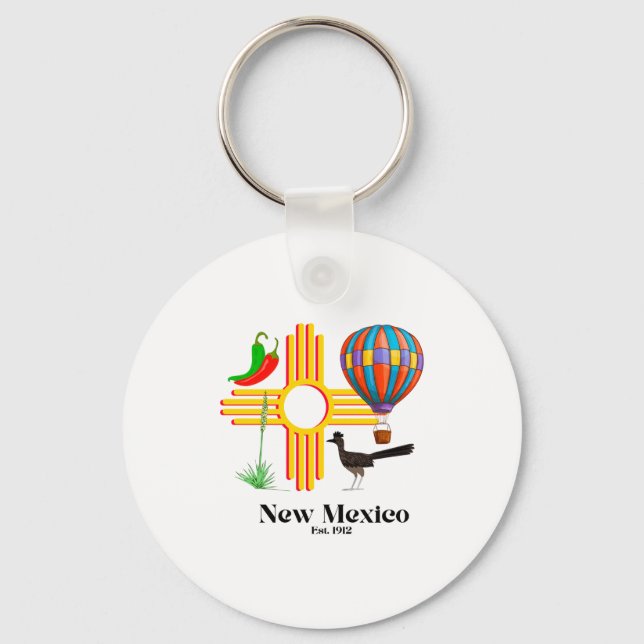 New Mexico Zia_ Chiles, Balloon, Roadrunner, Yucca Keychain (Front)
