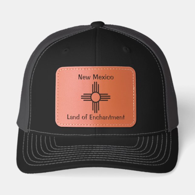 New Mexico Zia Sun Symbol Black & Charcoal Grey Leather Patch Hat (Front)