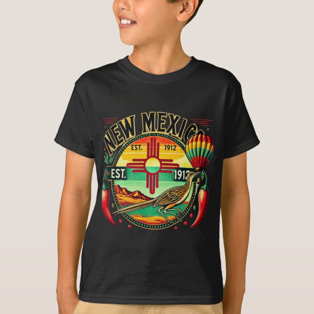 New Mexico Zia Symbol, Roadrunner &amp; Chile Pepp T-Shirt (Front)