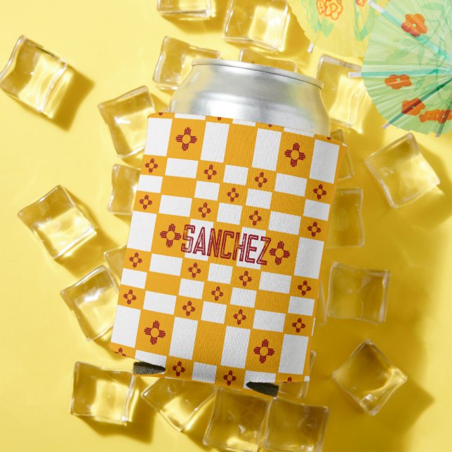 New Mexico Zia Yellow Red White Squares Can Cooler (In Situ Summer)