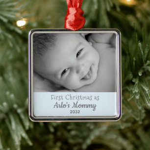 New Mom 1st Christmas as Mommy Baby Boy Name Photo Metal Ornament