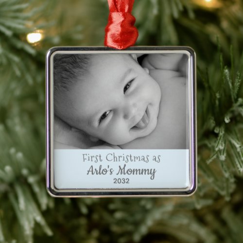 New Mom 1st Christmas as Mommy Baby Boy Name Photo Metal Ornament
