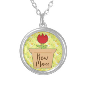 New Mom, Cute Red Tulip Flower Silver Plated Necklace