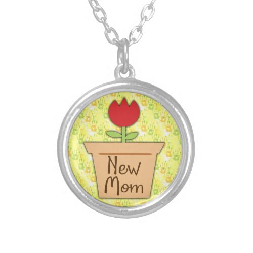 New Mom Cute Red Tulip Flower Silver Plated Necklace
