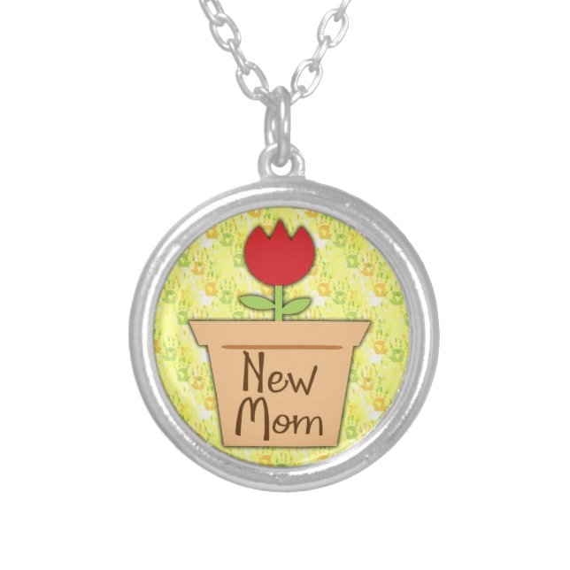 New Mom, Cute Red Tulip Flower Silver Plated Necklace (Front)