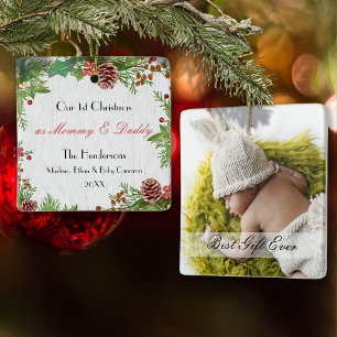 New Mom & Dad Photo 1st Christmas Photo Milestone Ceramic Ornament