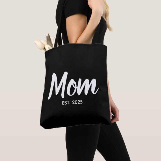 New Mom Established Date White Script Tote Bag (Close Up)