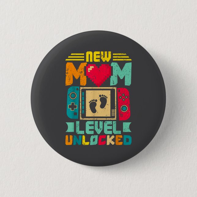 New Mom Level Unlocked Gamer Valentine's  Button (Front)