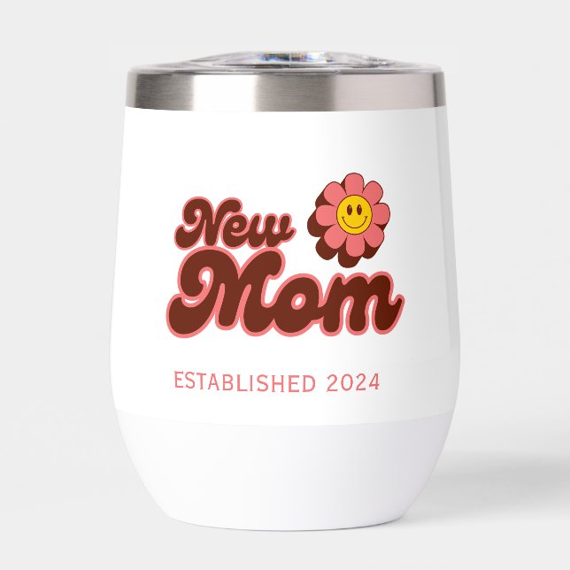 New Mom, retro pink flower custom year Thermal Wine Tumbler (Front)