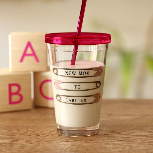 New Mom to Baby Girl Diaper Pin Acrylic Tumbler (Add your name and baby name to this cute pink tumbler. Makes a useful gift for the new mom)