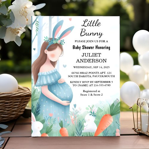 New Mom to be Ear Hop Blue Pink Bunny Baby Shower Invitation