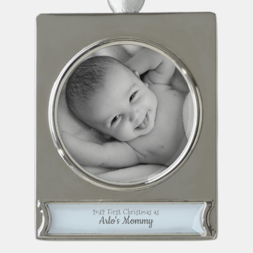 New Mommy 1st Christmas Baby Boy Son Name Photo Silver Plated Banner Ornament