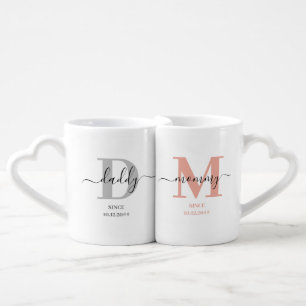 New Mommy and Daddy Monogram Pink and Grey Coffee Mug Set