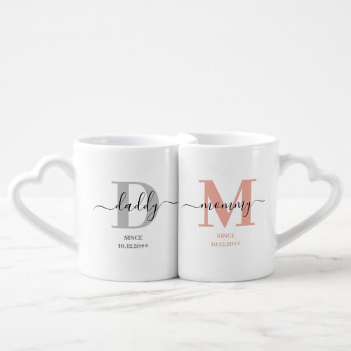 New Mommy and Daddy Monogram Pink and Grey Coffee Mug Set