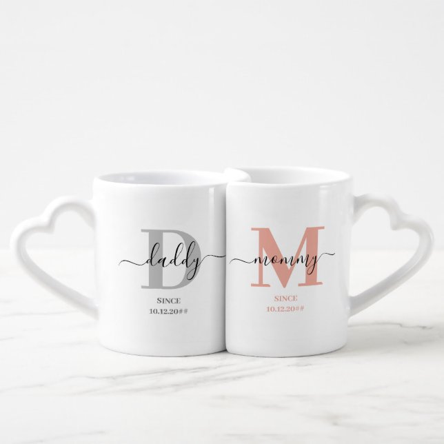 New Mommy and Daddy Monogram Pink and Grey Coffee Mug Set (Front Nesting)