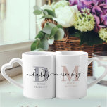 New Mommy and Daddy Monogram Pink and Grey Coffee Mug Set<br><div class="desc">Family monogram mug set for new mommy and daddy (or established parents) which you can personalize with the date they became mom and dad. This design has elegant handwritten script, modern typography and a color palette of silver grey, subtle pink, black and white. One mug has a monogram initial D...</div>
