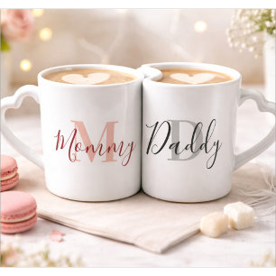 New Mommy and Daddy Monogram Pink and Grey Coffee Mug Set