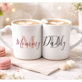 New Mommy and Daddy Monogram Pink and Grey Coffee Mug Set
