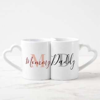 New Mommy and Daddy Monogram Pink and Grey Coffee Mug Set